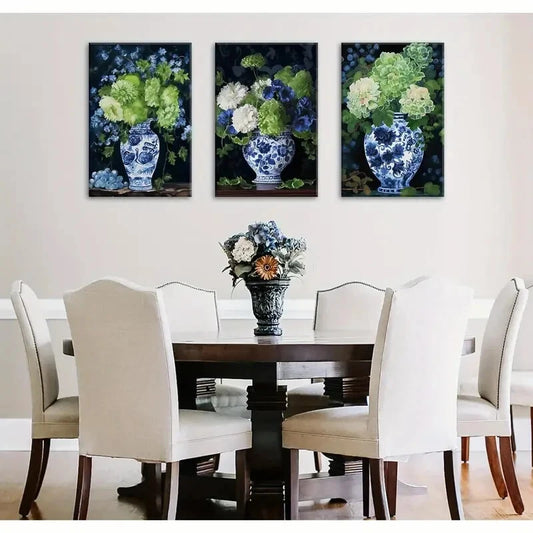 3pcs Aesthetic Blue & White Porcelain Vase Metal Print Ready to Hang Art