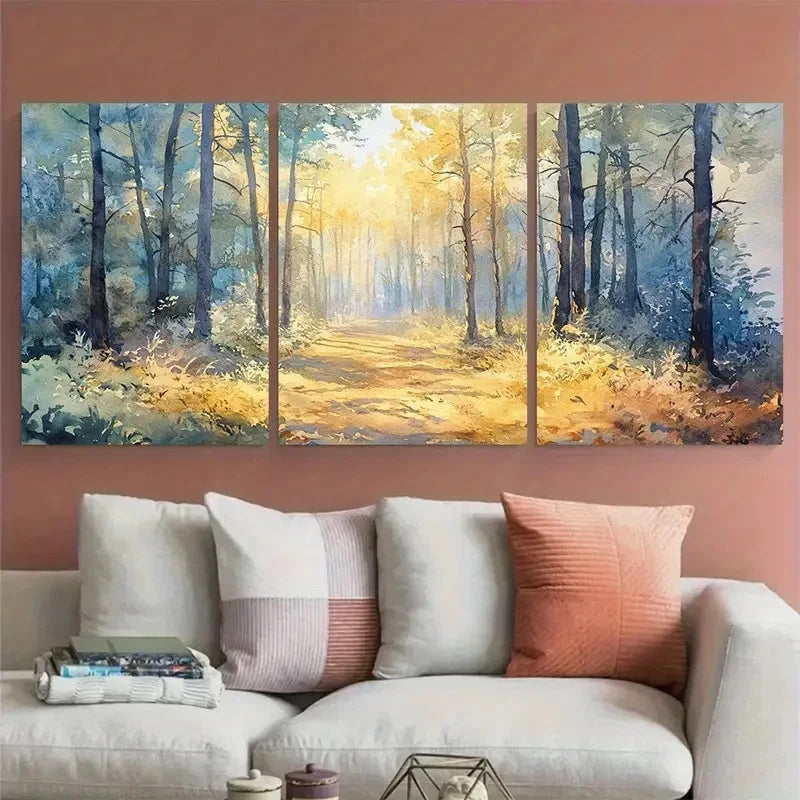 3pcs Dappled Woods Watercolor Calming Nature Wall Art Set Canvas Framed 60x90cm - High Quality Print 100% Australian Made Wall Canvas Ready to Hang - Bella Home Decor