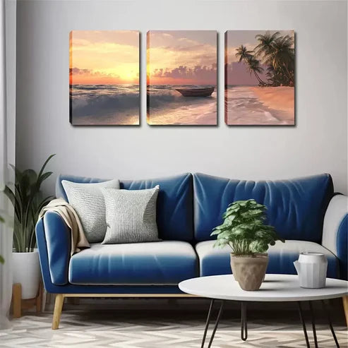 3pcs Tropical Seascape with Palm Trees & Rowboat Wall Art Canvas Unframed - High Quality Print 100% Australian Made Wall Canvas