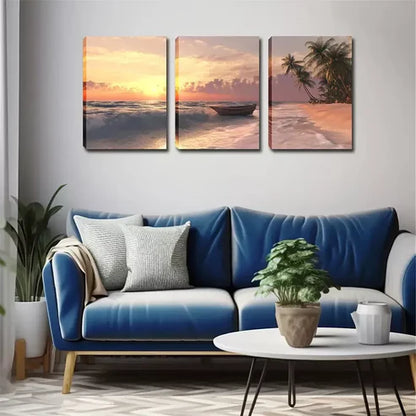 3pcs Tropical Seascape with Palm Trees & Rowboat Wall Art Canvas Unframed - High Quality Print 100% Australian Made Wall Canvas