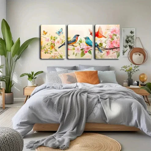 3pcs Vibrant Birds Pink Flower Branches Wall Art Canvas Unframed - High Quality Print 100% Australian Made Wall Canvas
