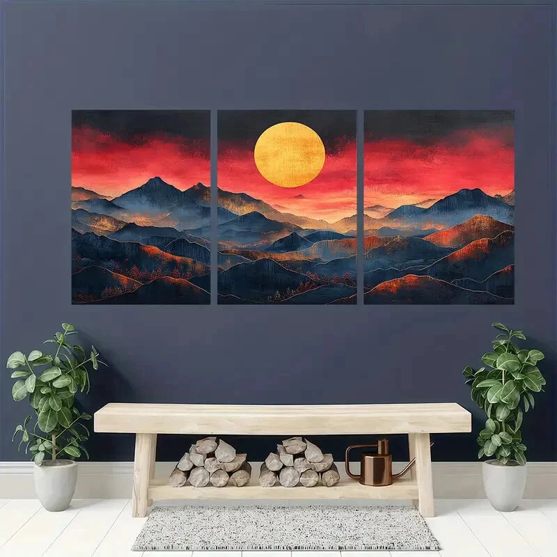 3pcs Minimalist Mountain Art with Sunset Boho Metal Print Ready to Hang Art - Bella Home Decor
