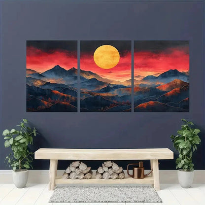 3pcs Minimalist Mountain Art with Sunset Boho Metal Print Ready to Hang Art - Bella Home Decor