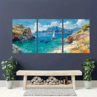 3pcs Italian Coastal Landscape with Sailboat Metal Print Ready to Hang Art - Bella Home Decor