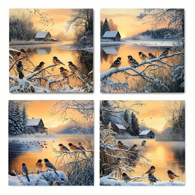 4pcsSerene Winter BirdsWall Art Canvas Framed