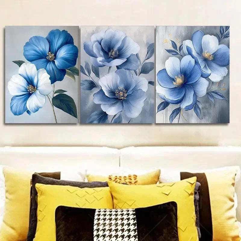 3pcs Paintings Featuring Blue Flowers Metal Print Ready to Hang Art - Bella Home Decor