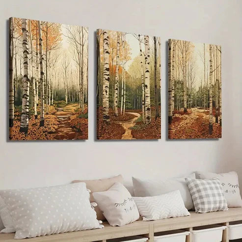 3pcs Autumnal Birch Trees & Fall Foliage  Wall Art Set Canvas Unframed - High Quality Print 100% Australian Made Wall Canvas - Bella Home Decor