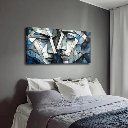Blue & White Shattered Faces Wall Art Canvas Office Home Room Framed 120x60cm - Bella Home Decor