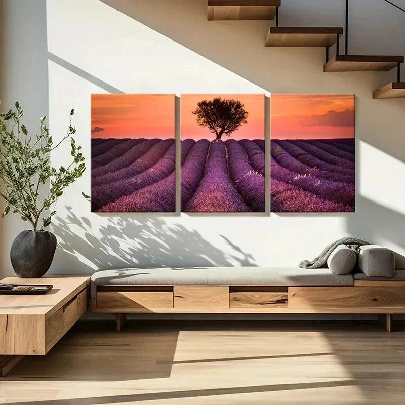 3pcs Vibrant Lavender Field with Sunset Wall Art Set Canvas Framed 40x60cm - High Quality Print 100% Australian Made Wall Canvas Ready to Hang - Bella Home Decor