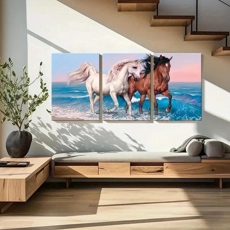3pcs Seaside Scene with White and Brown Horses Wall Art Set Canvas Framed 40x60cm - High Quality Print 100% Australian Made Wall Canvas Ready to Hang