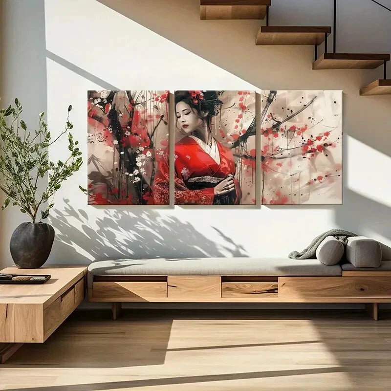 3pcs Kimono Cherry Blossoms Japanese Traditional Metal Print Ready to Hang Art - Bella Home Decor