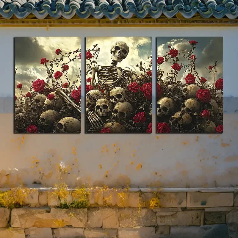 3pcs Skeleton Amidst Blooming Roses, Gothic Floral Metal Print Ready to Hang Art - Bella Home Decor
