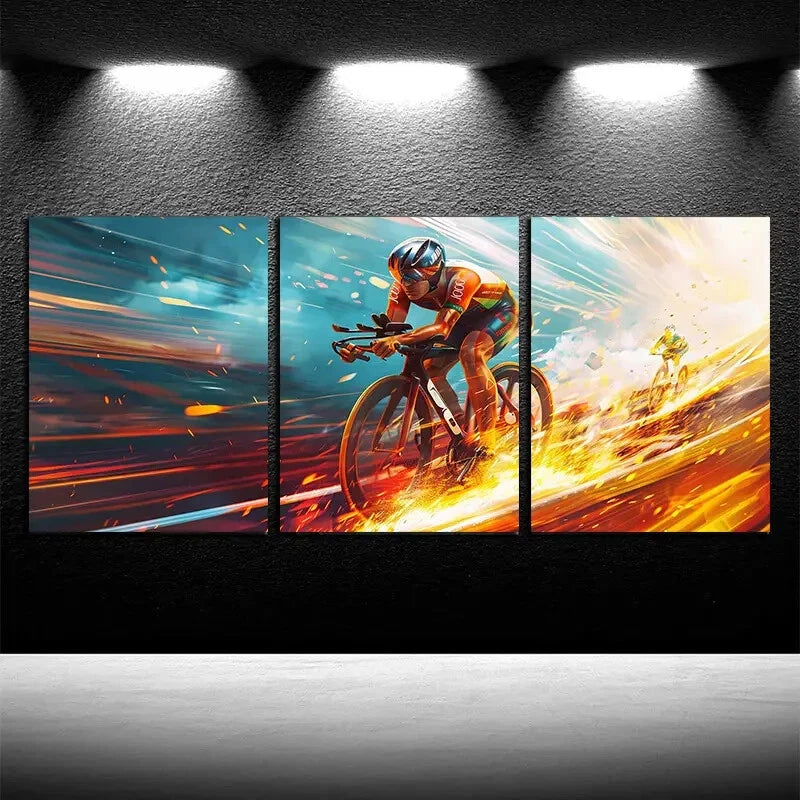 3pcs Dynamic Bicycle Vibrant Cyclist Design Metal Print Ready to Hang Art - Bella Home Decor