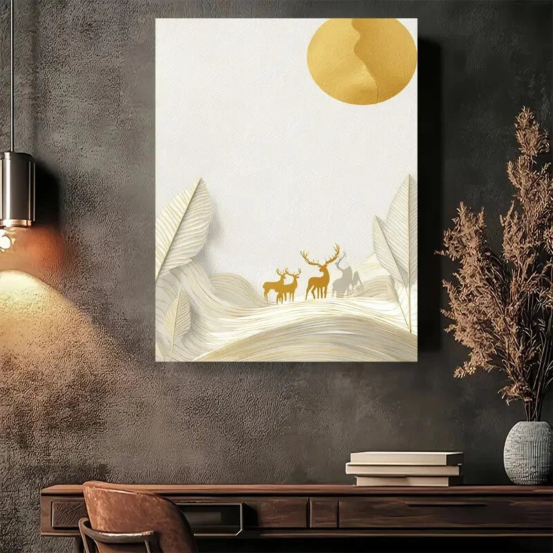 Beautiful Golden Deer Landscape Painting 40x60cm Metal Print Ready to Hang - Bella Home Decor