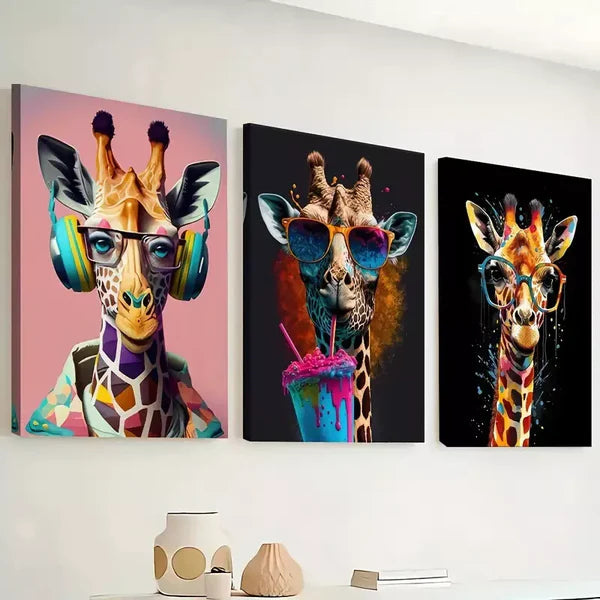 3pcs stylish giraffe - animal paintings graffiti Wall Art Set Canvas Framed 60x90cm - High Quality Print 100% Australian Made Wall Canvas Ready to Hang - Bella Home Decor