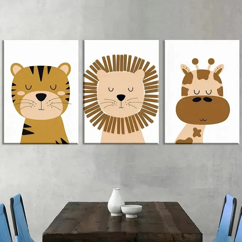 3pcs Cute Animals in a Modern Minimalist Metal Print Ready to Hang Art - Bella Home Decor