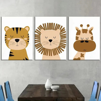 3pcs Cute Animals in a Modern Minimalist Metal Print Ready to Hang Art - Bella Home Decor