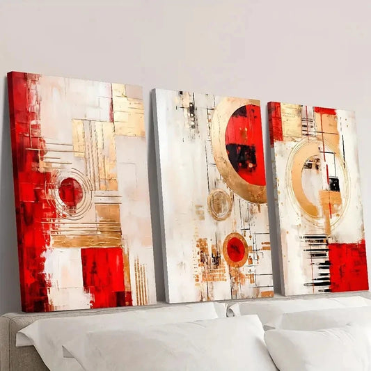 3pcs Red Abstract Geometry, Modern Wall Art Set Canvas Framed 40x60cm - High Quality Print 100% Australian Made Wall Canvas Ready to Hang