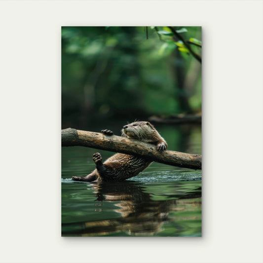 Playful River Otter Grabbing Log Wildlife 40x60cm Metal Print Ready to Hang