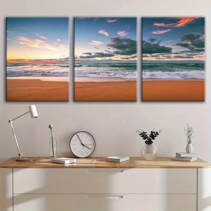 3pcs Sunset Sunrise Beach Waves Coastal Wall Art Set Canvas Framed 40x60cm - High Quality Print 100% Australian Made Wall Canvas Ready to Hang