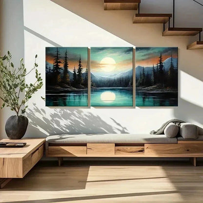 3pcs Mountains River Trees Moon Nature Landscape Wall Art Set Canvas Framed 60x90cm - High Quality Print 100% Australian Made Wall Canvas Ready to Hang - Bella Home Decor