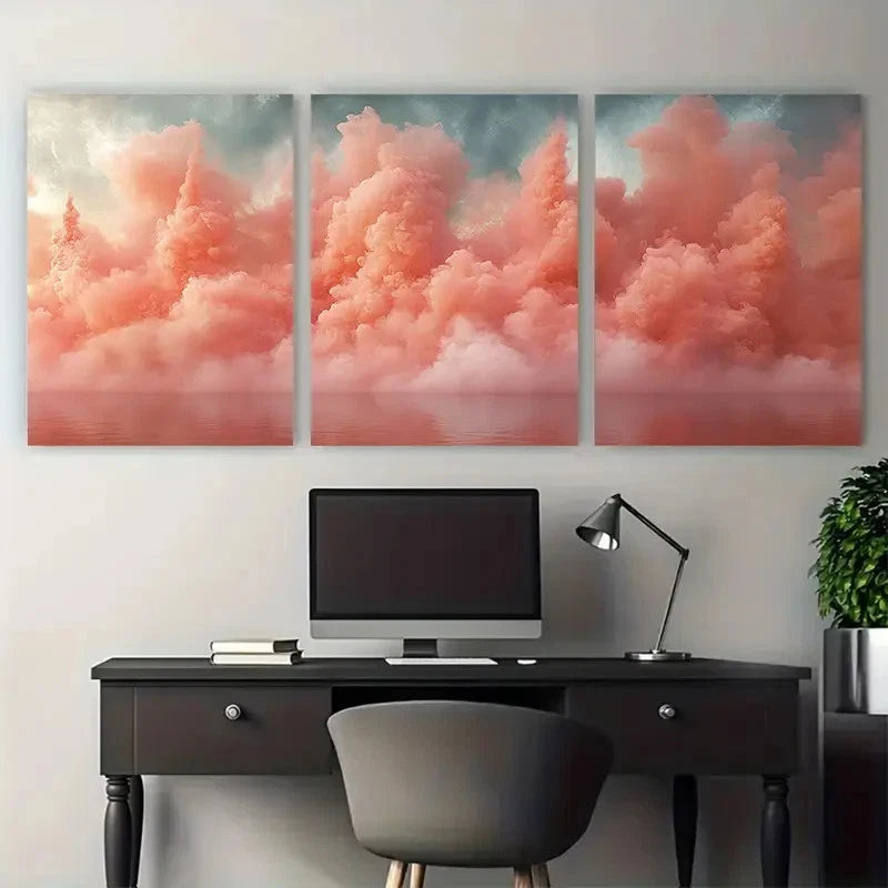3pcs Pastel Coral Pink Abstract Smoke Explosion Metal Print Ready to Hang Art - Bella Home Decor