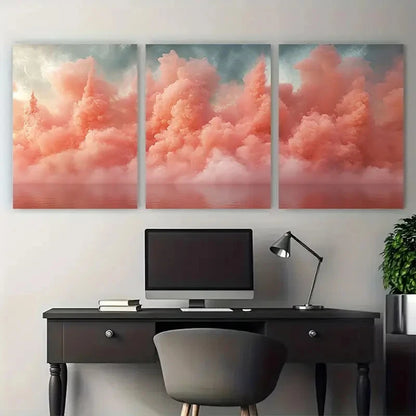 3pcs Pastel Coral Pink Abstract Smoke Explosion Metal Print Ready to Hang Art - Bella Home Decor