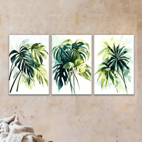 3pcs Three green plants on a white Wall Art Set Canvas Unframed - High Quality Print 100% Australian Made Wall Canvas - Bella Home Decor