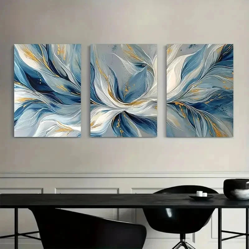 3pcs White and Blue Leaves Flowing Abstract Metal Print Ready to Hang Art - Bella Home Decor