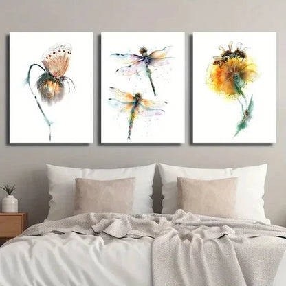 3pcs Dragonfly Butterfly Flower Lovers Wall Art Canvas Unframed - High Quality Print 100% Australian Made Wall Canvas - Bella Home Decor