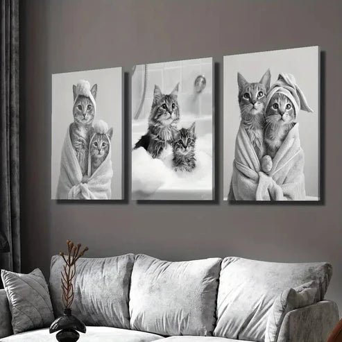 3pcs Adorable Black and White Cat Wall Art Set Canvas Unframed - High Quality Print 100% Australian Made Wall Canvas - Bella Home Decor