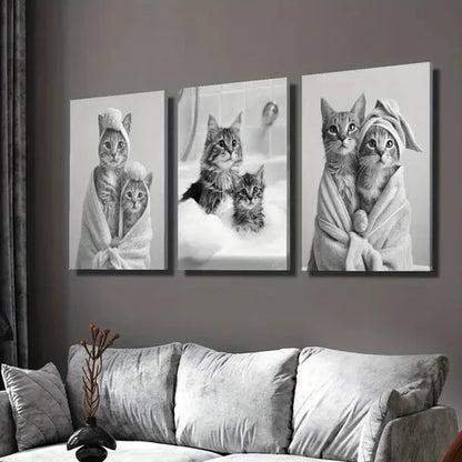 3pcs Adorable Black and White Cat Wall Art Set Canvas Unframed - High Quality Print 100% Australian Made Wall Canvas - Bella Home Decor