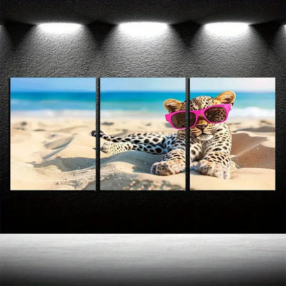 3pcs Vibrant Charming Cartoon Leopard Beach Scene Metal Print Ready to Hang Art - Bella Home Decor