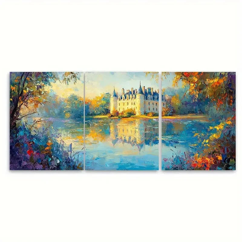 3pcs Chateau Of Light Impressionist Landscape Wall Art Set Canvas Framed 60x90cm - High Quality Print 100% Australian Made Wall Canvas Ready to Hang - Bella Home Decor