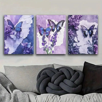 3pcs Butterfly And Floral Canvas Wall Art Metal Print Ready to Hang Art
