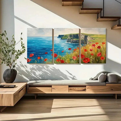 3pcs Artistic Ocean Cliffs Landscape Red Flowers Metal Print Ready to Hang Art - Bella Home Decor