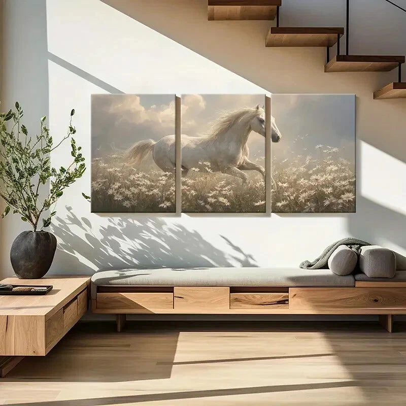 3pcs White Horse Running Through Daisy Field Metal Print Ready to Hang Art - Bella Home Decor