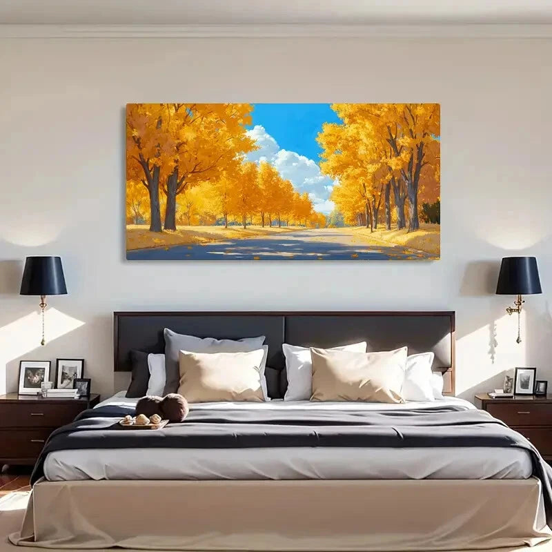 Autumn Road Yellow Leaves Blue Wall Art Canvas Office Home Room Framed 120x60cm - Bella Home Decor