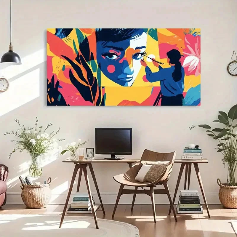Modern Geometric Woman Colorfcul Wall Art Canvas Office Home Room Framed 120x60cm