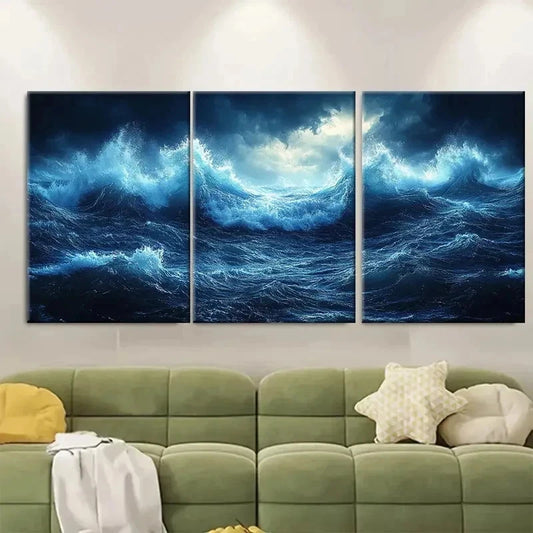 3pcs Sea Foam Waves Storm Seascape VB Wall Art Set Canvas Framed 50x70cm - High Quality Print 100% Australian Made Wall Canvas Ready to Hang