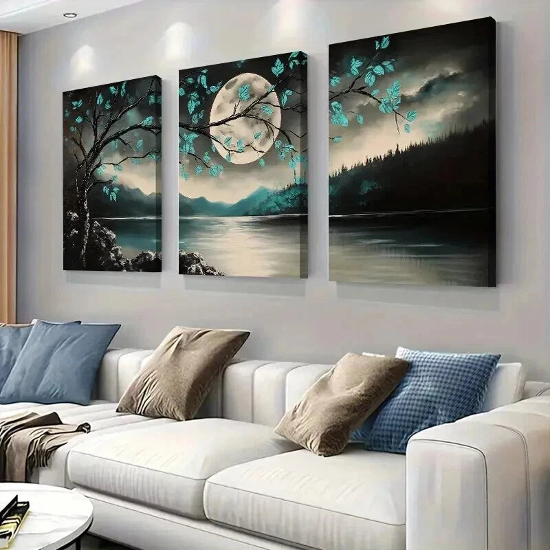 3pcs Tranquil Moonlit Forest Lake And Tree Wall Art Set Canvas Framed 50x70cm - High Quality Print 100% Australian Made Wall Canvas Ready to Hang