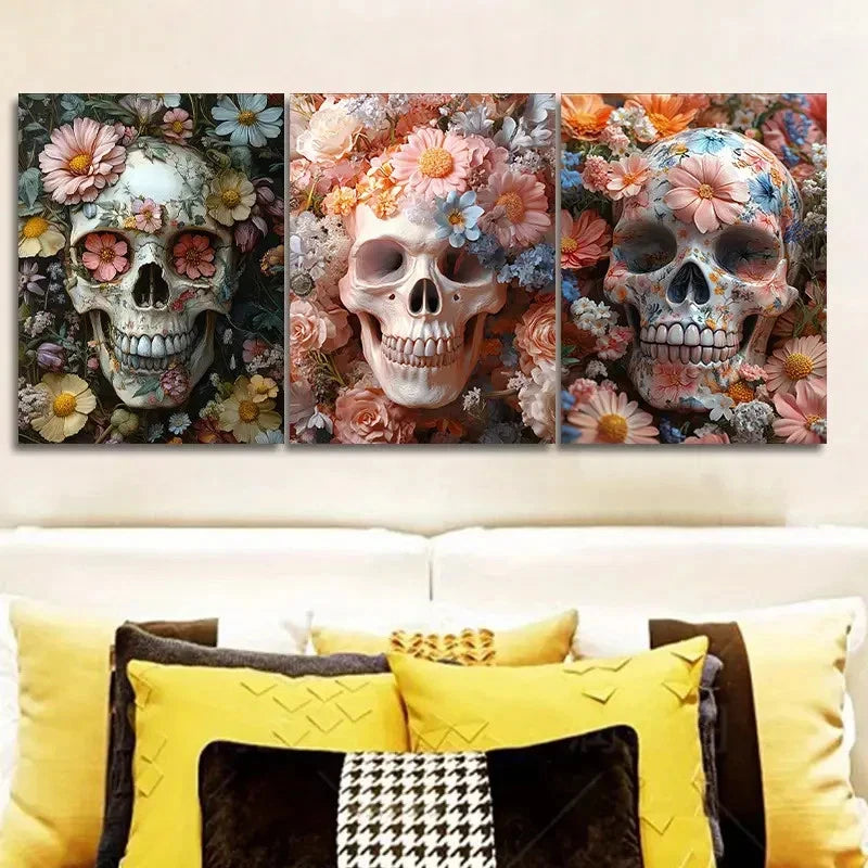 3pcs The skull is in the flower Wall Art Set Canvas Framed 50x70cm - High Quality Print 100% Australian Made Wall Canvas Ready to Hang - Bella Home Decor