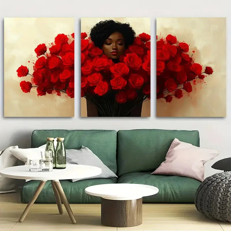 3pcs Huge Red Roses Bouquet Woman Metal Print Ready to Hang Art
