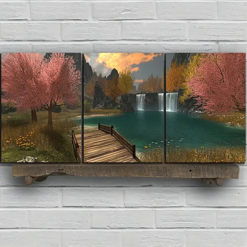 3pcs Waterfalls And Wooden Bridges Metal Print Ready to Hang Art - Bella Home Decor