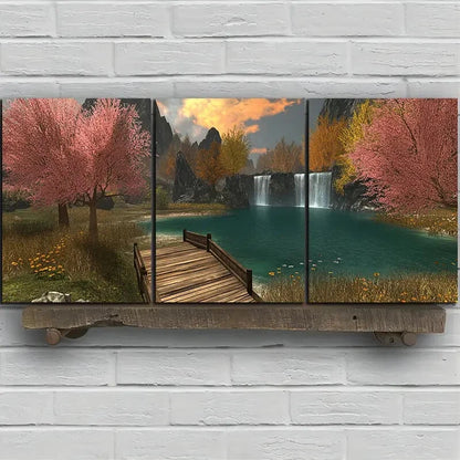 3pcs Waterfalls And Wooden Bridges Metal Print Ready to Hang Art - Bella Home Decor