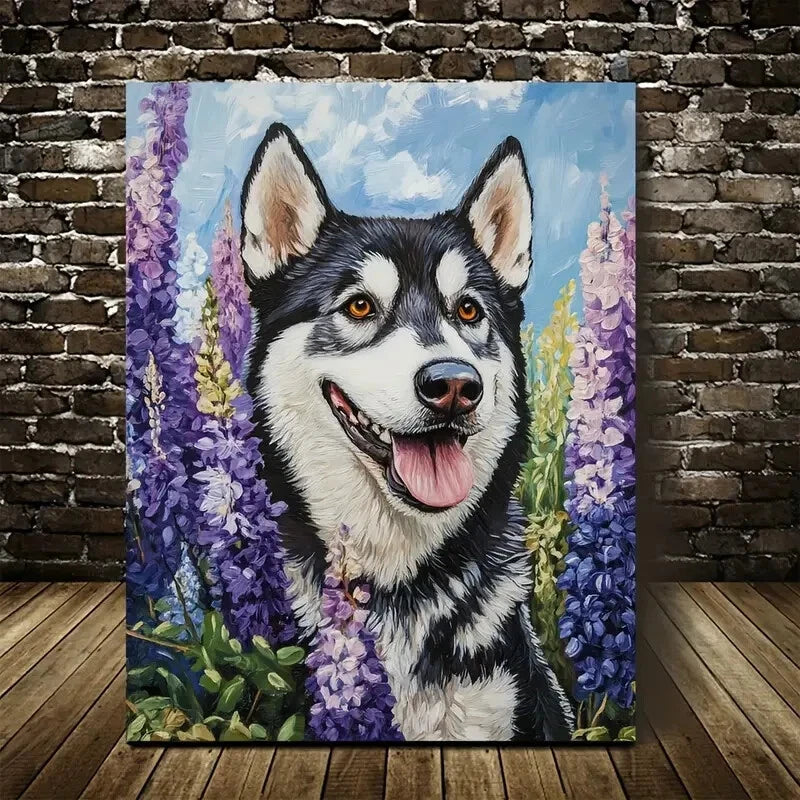 Siberian Husky Dog Among Flowers And Plants 40x60cm Metal Print Ready to Hang