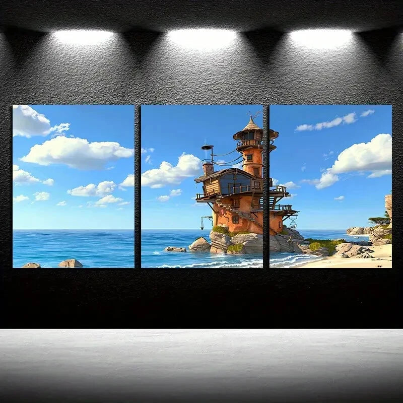 3pcs Dream Sand Tower Seashore Illustration Metal Print Ready to Hang Art - Bella Home Decor