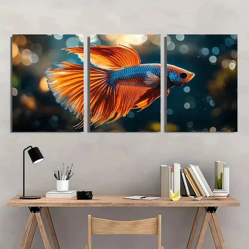 3pcs Vibrant Betta Fish Splatter Wall Art Set Canvas Unframed - High Quality Print 100% Australian Made Wall Canvas