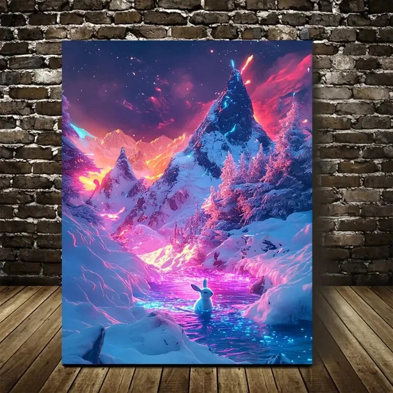 Vibrant Neon Rabbit in Snowy Mountain Painting 40x60cm Metal Print Ready to Hang - Bella Home Decor
