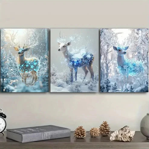 3pcs Deer with Snowflakes, Ice-Blue & Golden Wall Art Set Canvas Unframed - High Quality Print 100% Australian Made Wall Canvas - Bella Home Decor